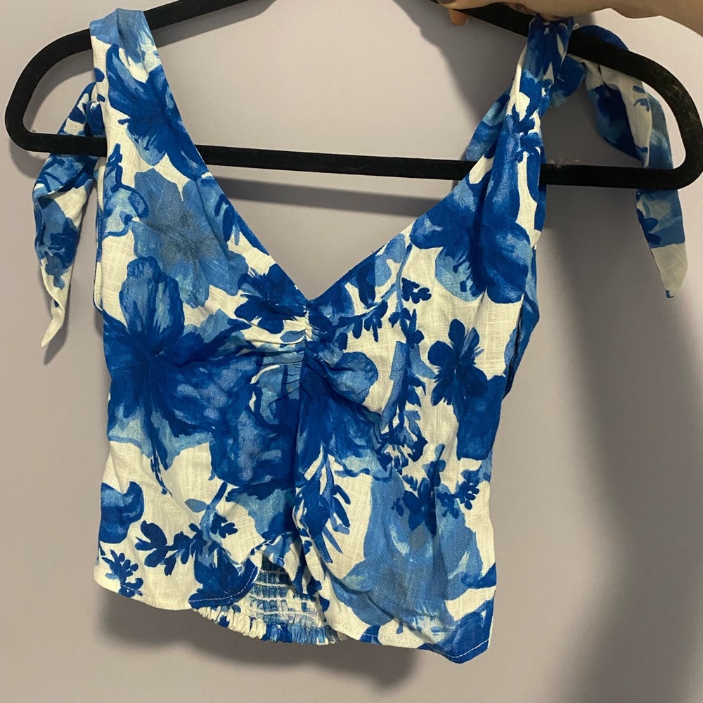 Zara Blue & White Linen Tie Cropped Tank NWT